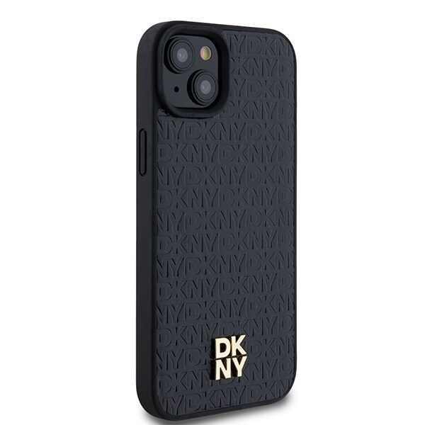 DKNY MagSafe-etui i lær med monogrammønster og metalllogo for iPhone 15 Plus / 14 Plus - Svart