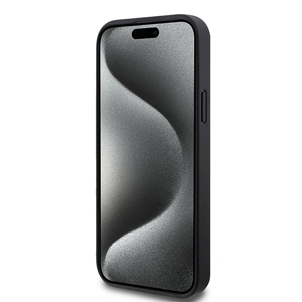 DKNY MagSafe-etui i lær med monogrammønster og metalllogo for iPhone 15 Plus / 14 Plus - Svart