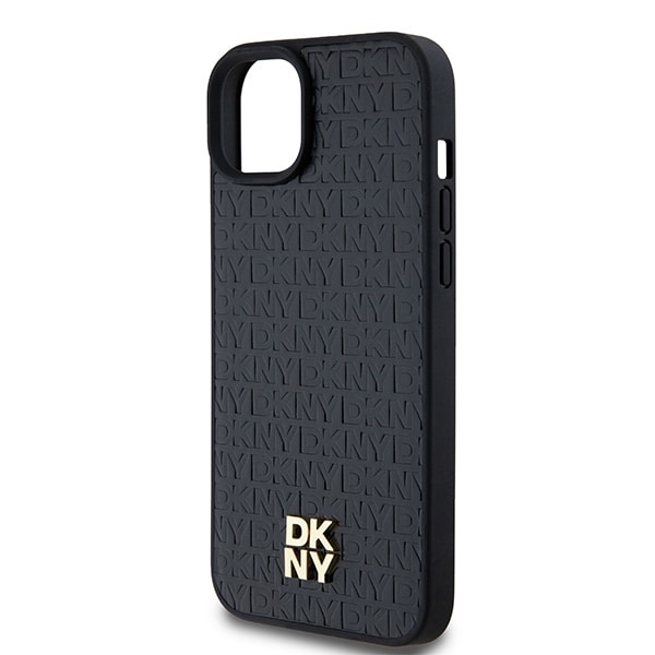 DKNY MagSafe-etui i lær med monogrammønster og metalllogo for iPhone 15 Plus / 14 Plus - Svart