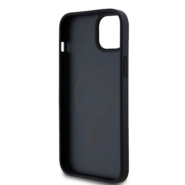 DKNY MagSafe-etui i lær med monogrammønster og metalllogo for iPhone 15 Plus / 14 Plus - Svart