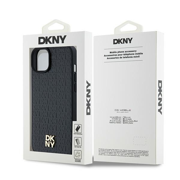 DKNY MagSafe-etui i lær med monogrammønster og metalllogo for iPhone 15 Plus / 14 Plus - Svart