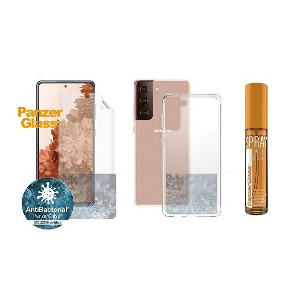 PanzerGlass beskyttelsessett for Samsung Galaxy S21 + TPU-folie + ClearCase + rengjøringsvæske 30ml