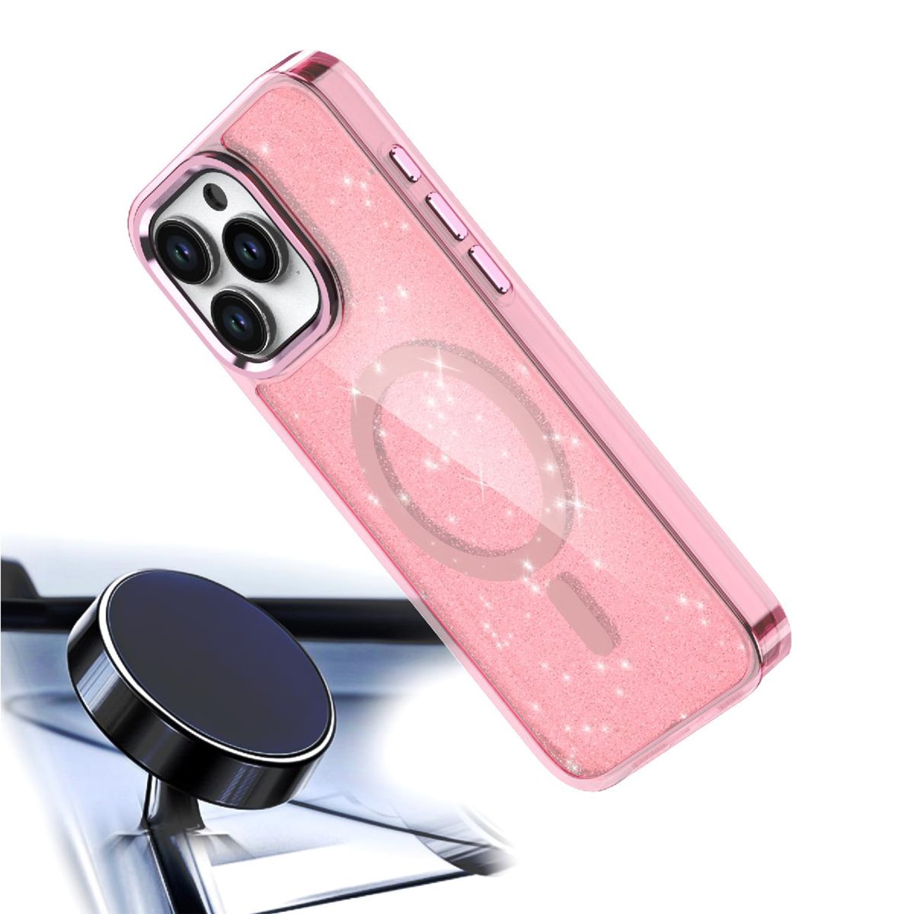 Glitteretui MagSafe for iPhone 16 Pro - rosa med glitter