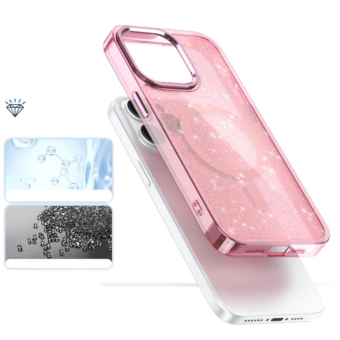 Glitteretui MagSafe for iPhone 16 Pro - rosa med glitter