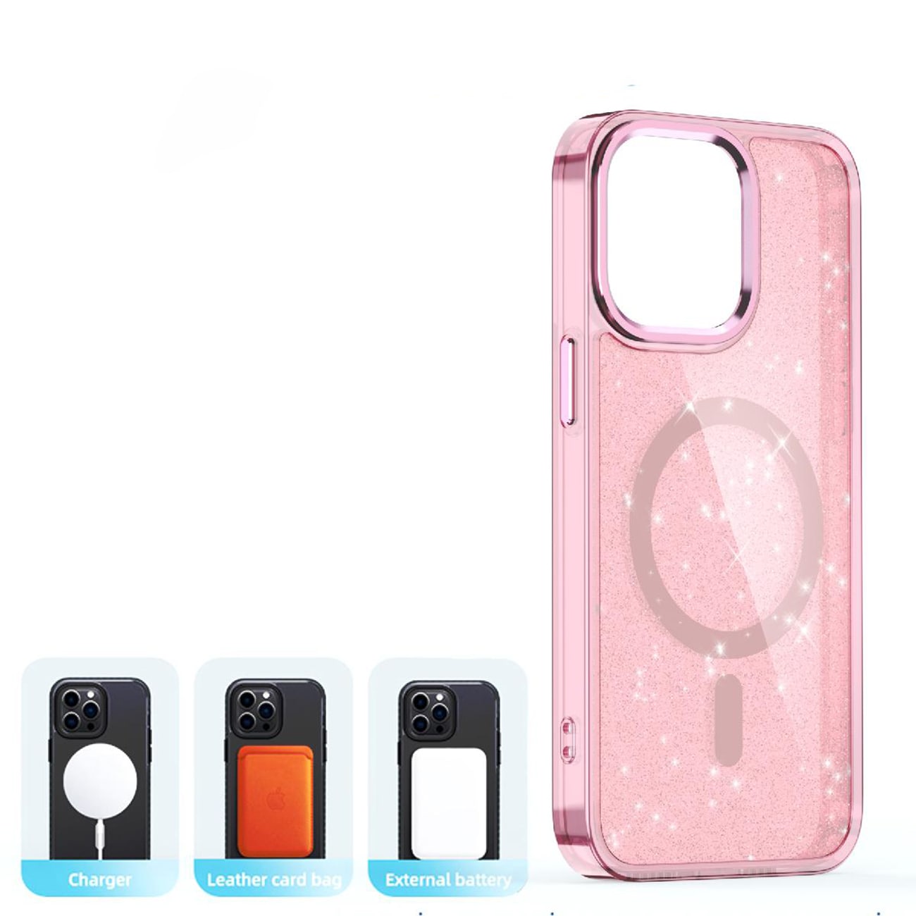Glitteretui MagSafe for iPhone 16 Pro Max - rosa med glitter