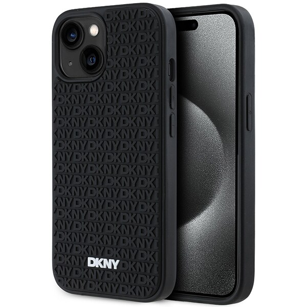 DKNY 3D gummideksel med gjentatt mønster for iPhone 15 Plus - svart