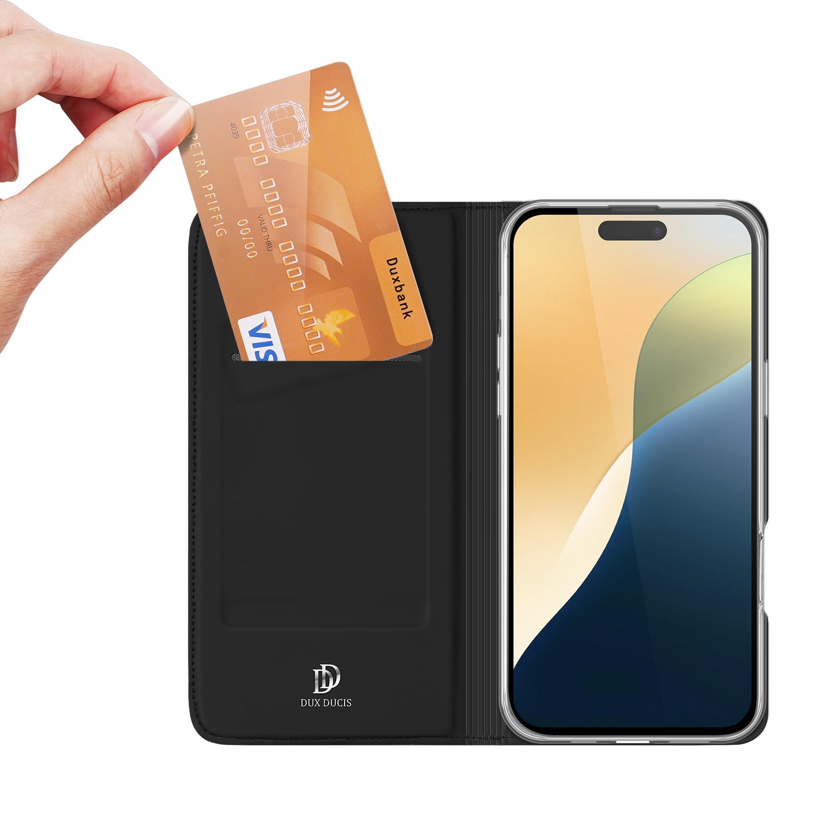 Dux Ducis Skin Pro iPhone 16 Plus-etui med klaff og kortspor - svart