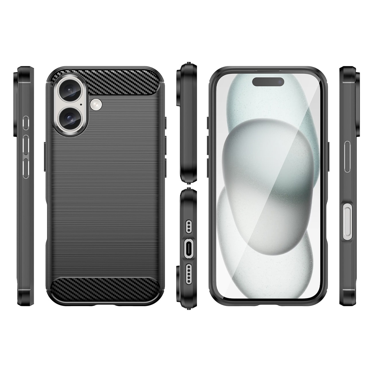 Carbon-etui for iPhone 16 Plus silikonetui - svart