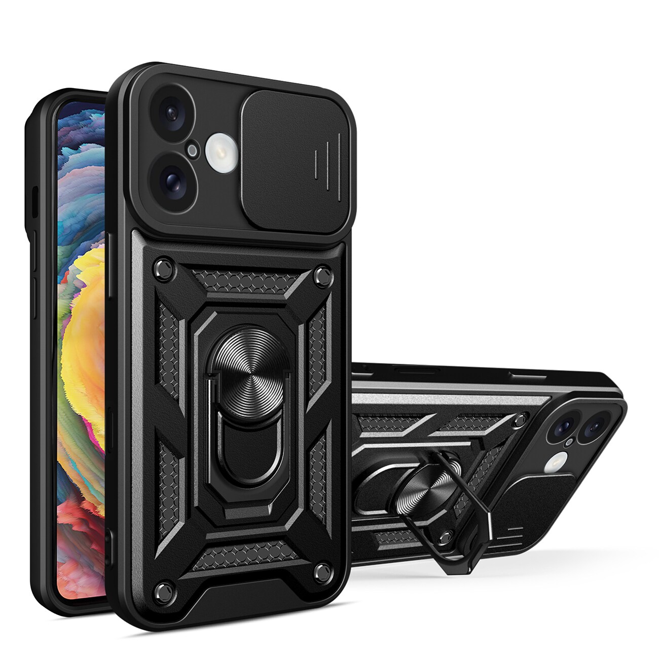 Hybrid Armor Camshield iPhone 16 pansret etui med kameradeksel og stativ - svart