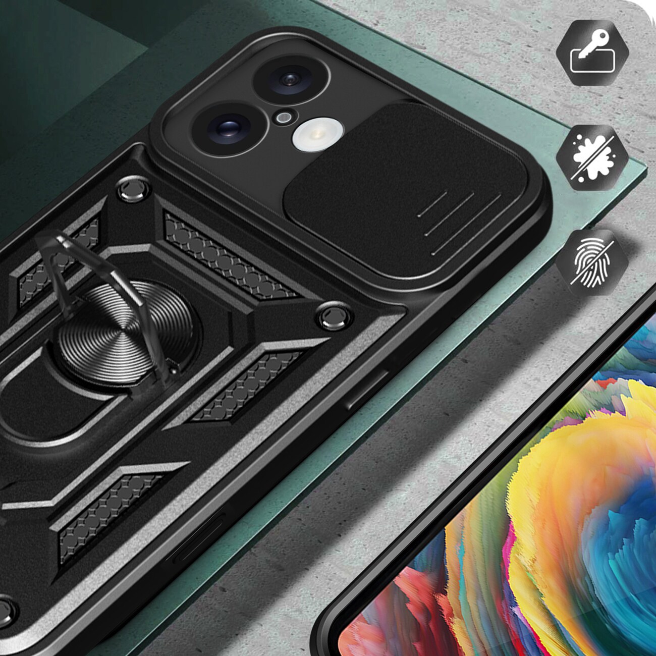 Hybrid Armor Camshield iPhone 16 pansret etui med kameradeksel og stativ - svart