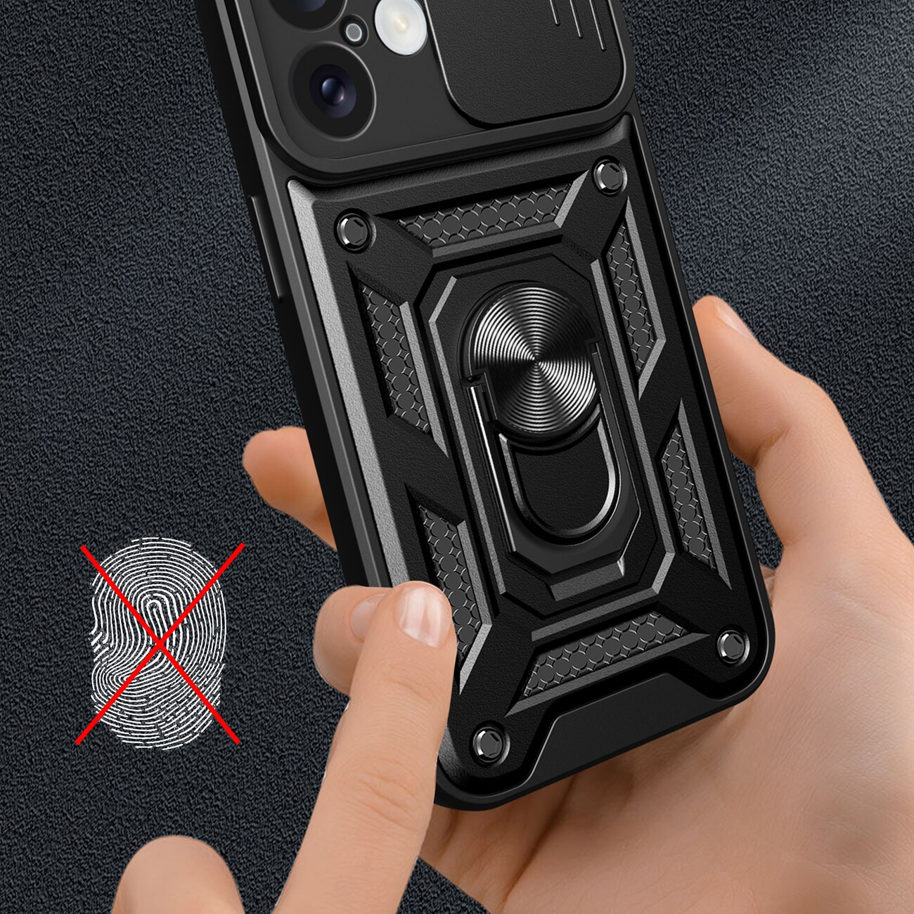Hybrid Armor Camshield iPhone 16 pansret etui med kameradeksel og stativ - svart
