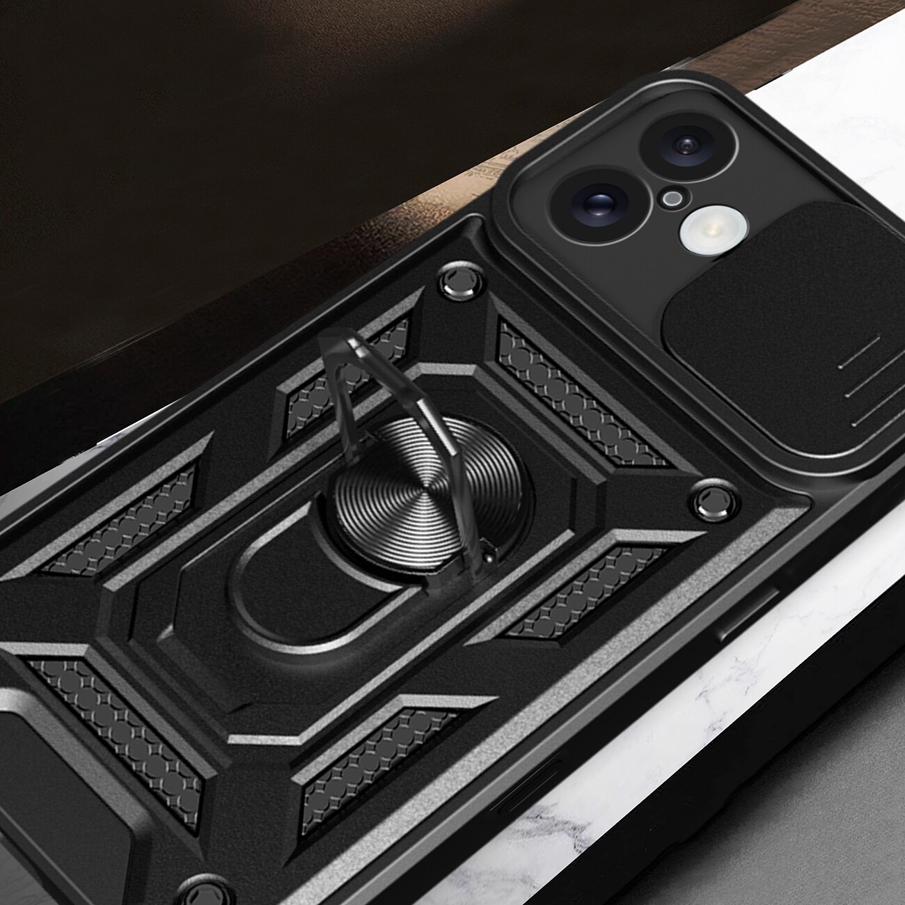 Hybrid Armor Camshield iPhone 16 pansret etui med kameradeksel og stativ - svart