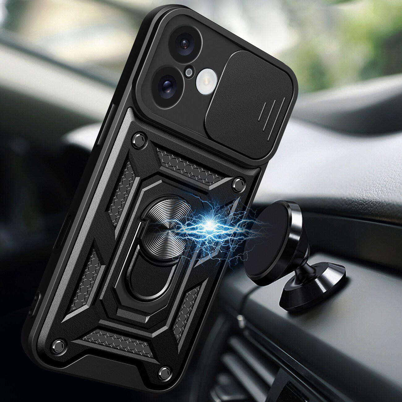 Hybrid Armor Camshield iPhone 16 Plus pansret etui med kameradeksel og stativ - svart