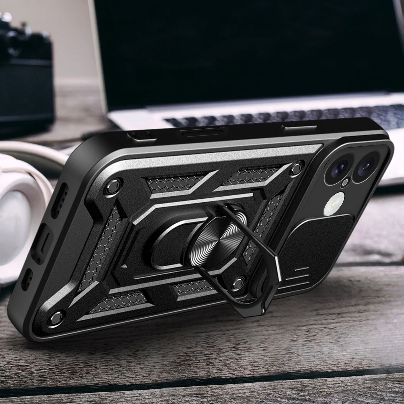 Hybrid Armor Camshield iPhone 16 Plus pansret etui med kameradeksel og stativ - svart