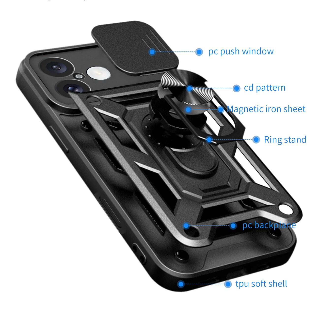 Hybrid Armor Camshield iPhone 16 Plus pansret etui med kameradeksel og stativ - svart