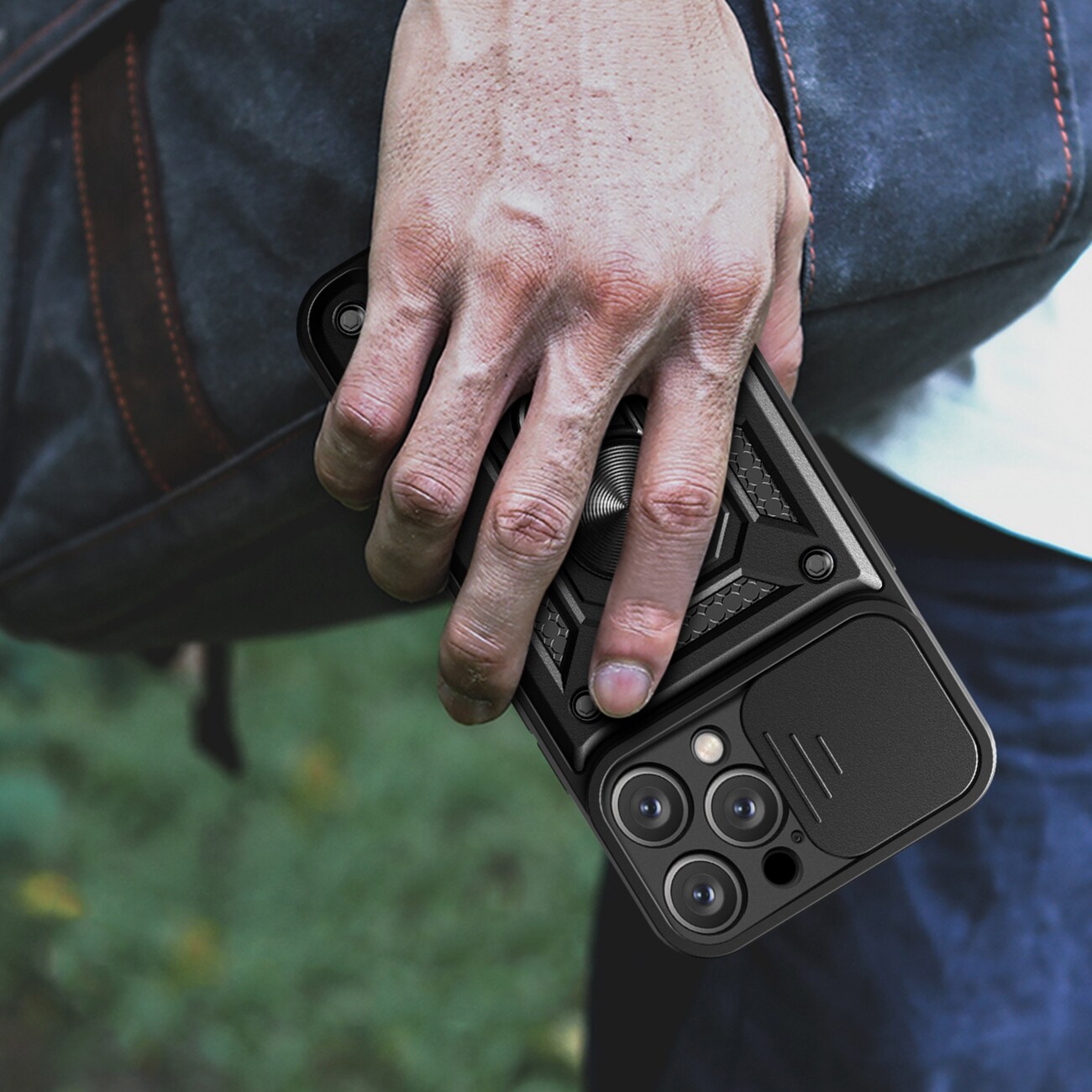 Hybrid Armor Camshield iPhone 16 Pro-etui med kameradeksel og stativ - svart