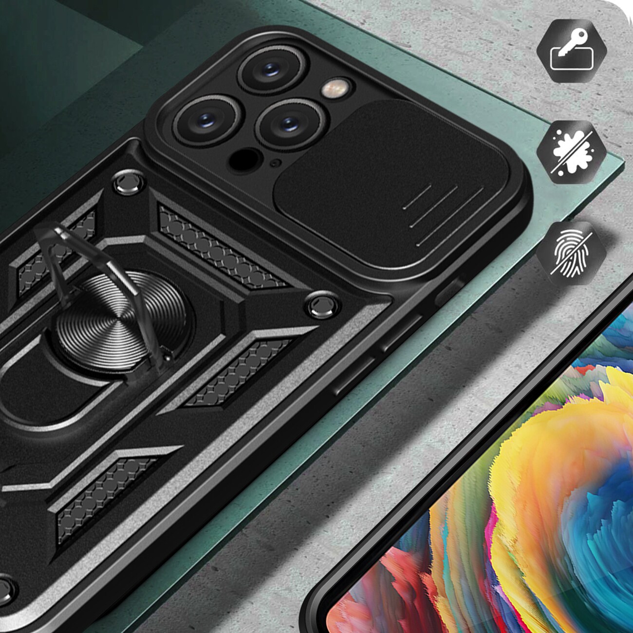 Hybrid Armor Camshield iPhone 16 Pro-etui med kameradeksel og stativ - svart