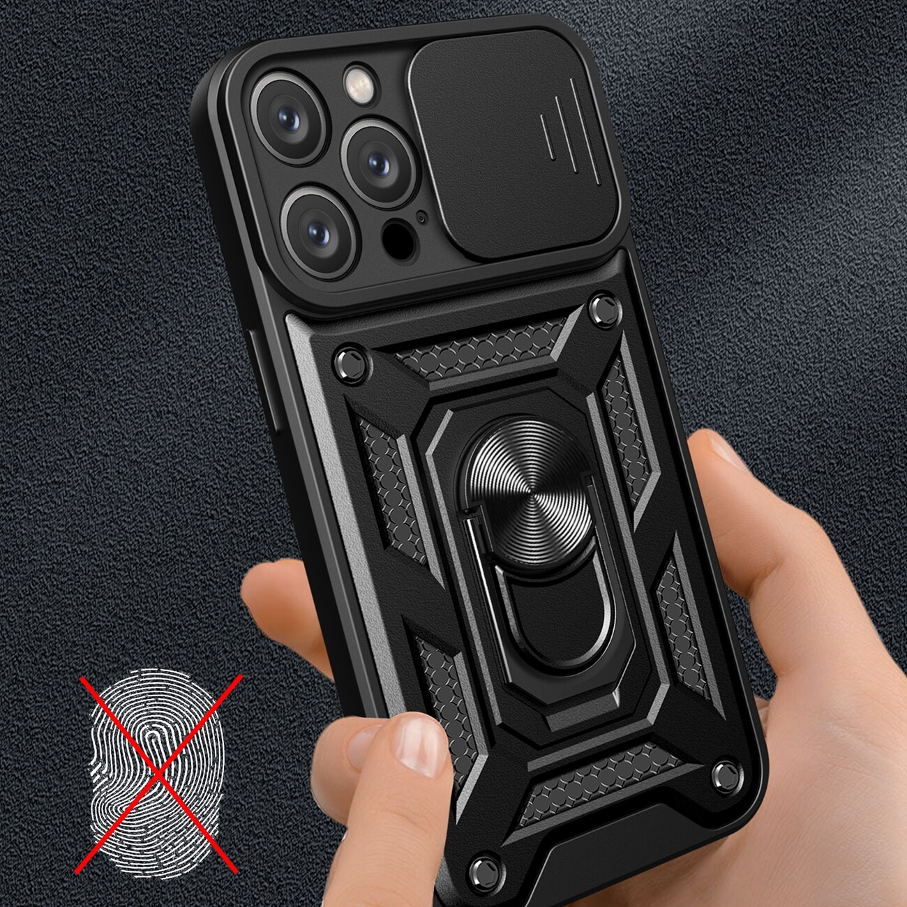 Hybrid Armor Camshield iPhone 16 Pro-etui med kameradeksel og stativ - svart