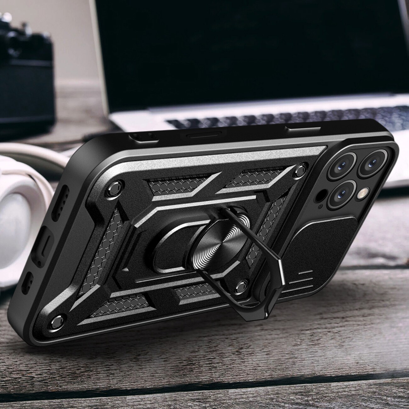 Hybrid Armor Camshield iPhone 16 Pro-etui med kameradeksel og stativ - svart