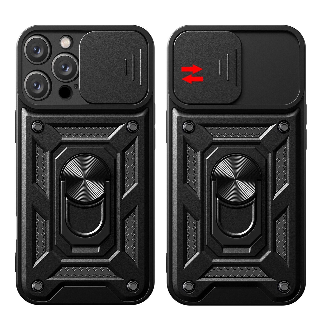 Hybrid Armor Camshield iPhone 16 Pro-etui med kameradeksel og stativ - svart