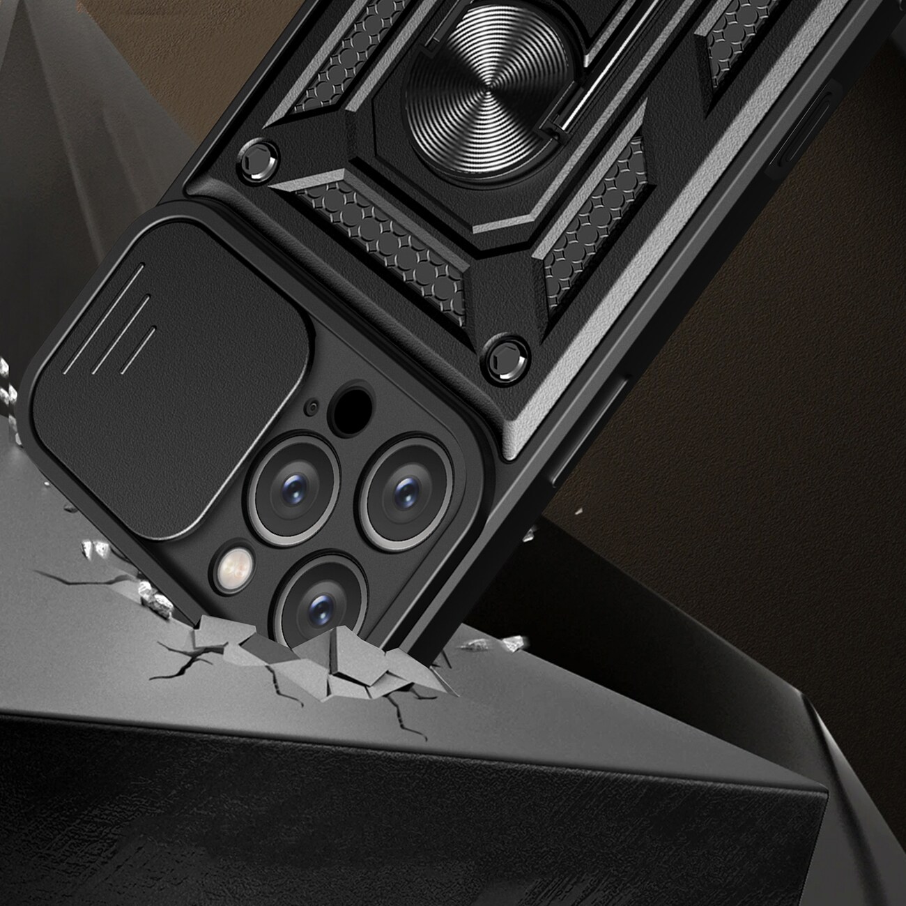 Hybrid Armor Camshield iPhone 16 Pro Max pansret etui med kameradeksel og stativ - svart