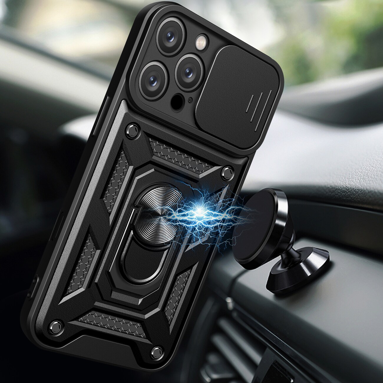 Hybrid Armor Camshield iPhone 16 Pro Max pansret etui med kameradeksel og stativ - svart