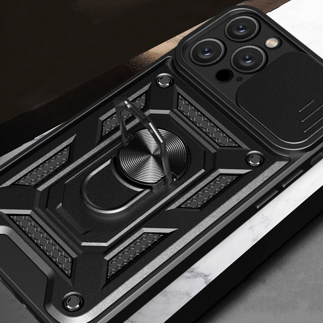 Hybrid Armor Camshield iPhone 16 Pro Max pansret etui med kameradeksel og stativ - svart