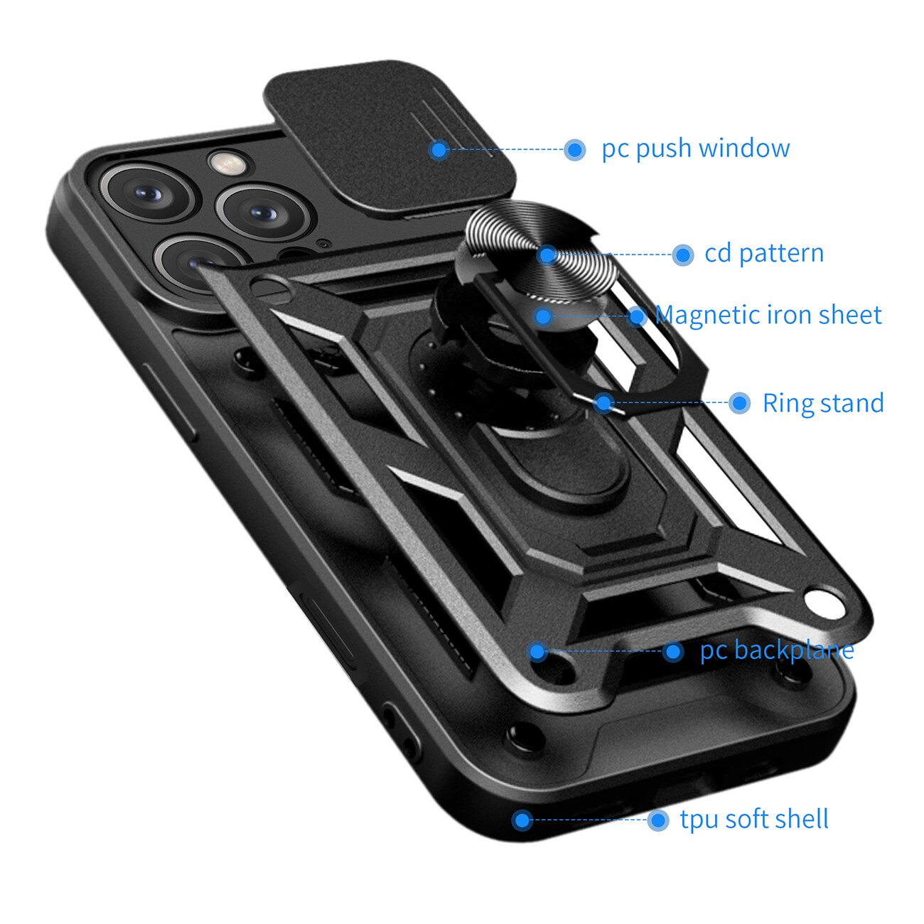 Hybrid Armor Camshield iPhone 16 Pro Max pansret etui med kameradeksel og stativ - svart