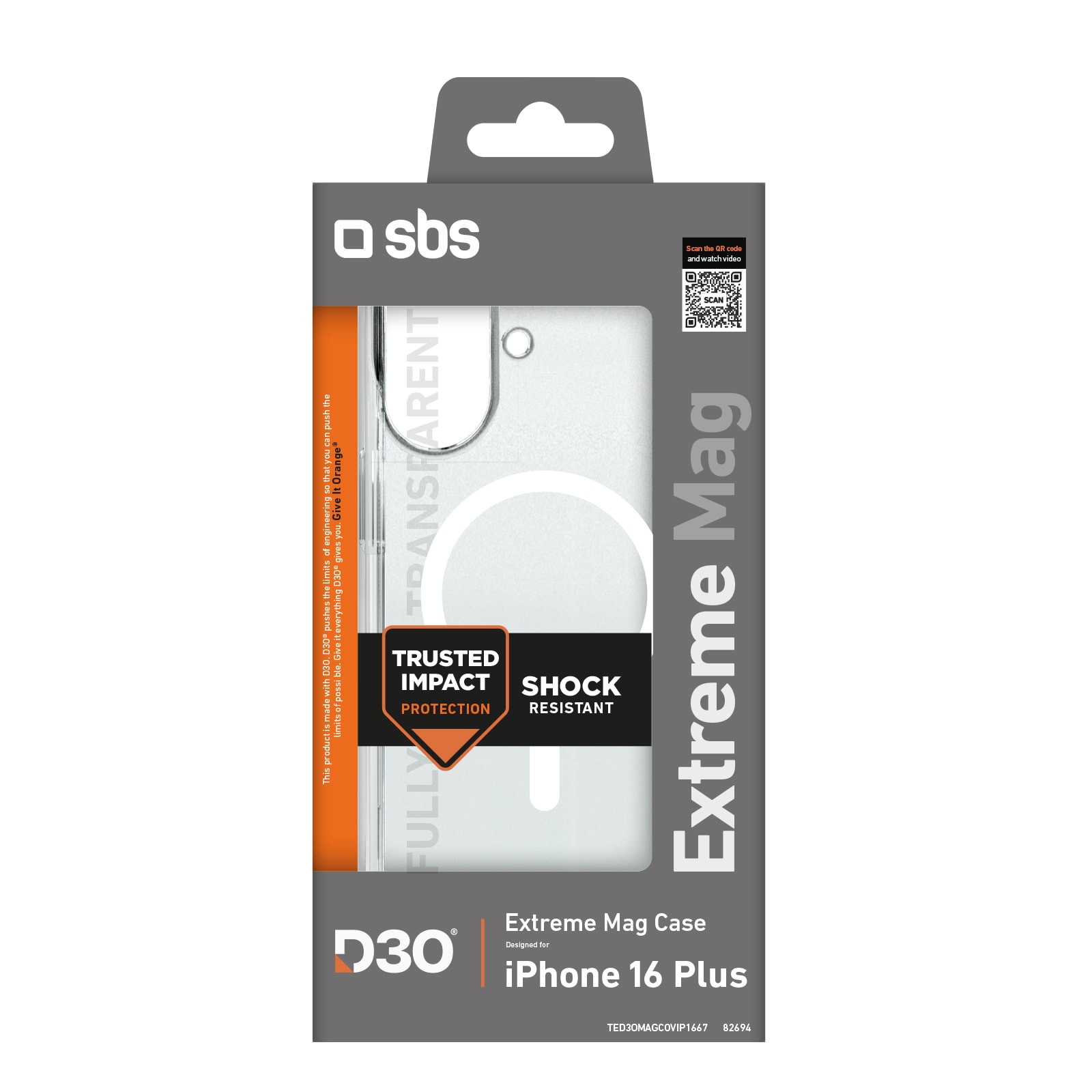 SBS Extreme Mag D3O MagSafe-etui for iPhone 16 Plus - gjennomsiktig