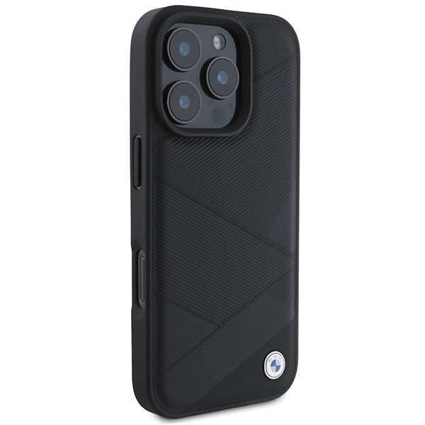 BMW Signature Leather Crossing Lines Pattern iPhone 16 Pro-etui - svart