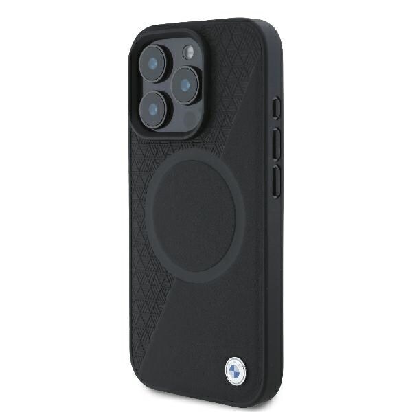 BMW Signature Leather Half Textured & Circle MagSafe-etui i lær for iPhone 16 Pro - svart