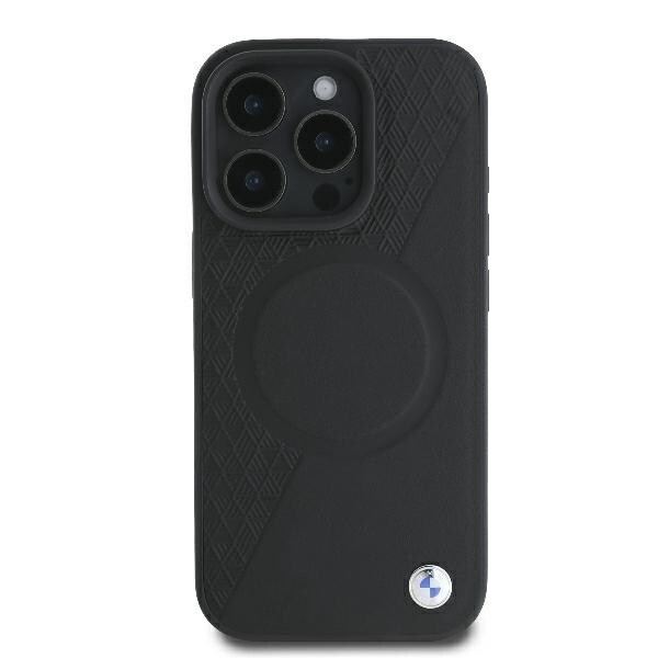 BMW Signature Leather Half Textured & Circle MagSafe-etui i lær for iPhone 16 Pro - svart