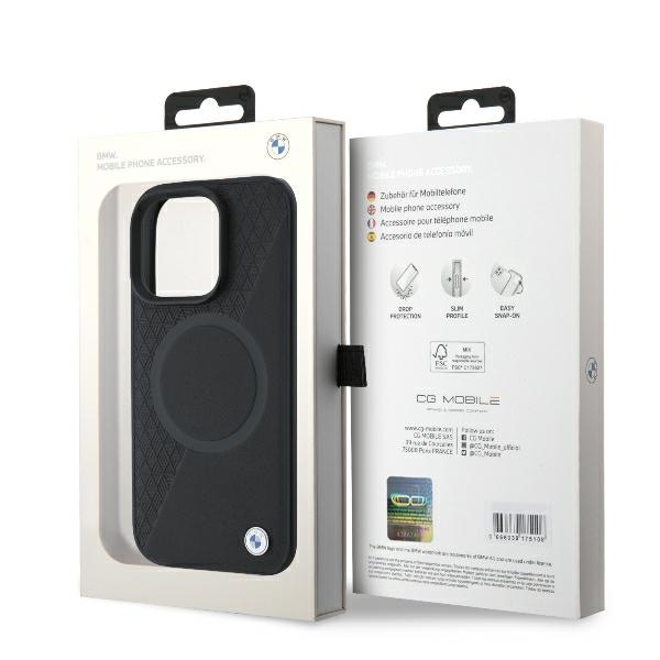 BMW Signature Leather Half Textured & Circle MagSafe-etui i lær for iPhone 16 Pro - svart