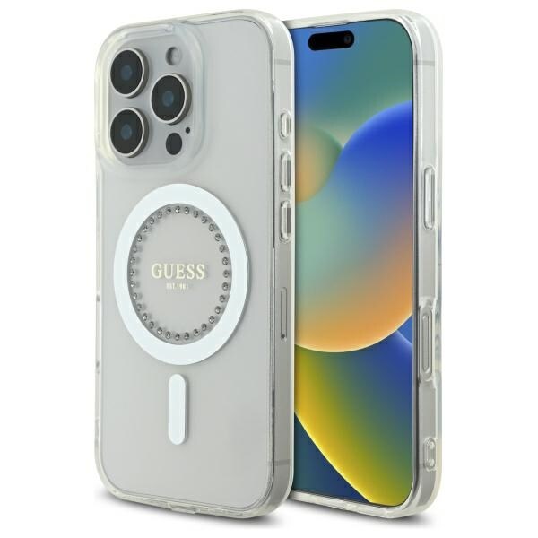 Guess IML Rhinestones MagSafe-etui for iPhone 16 Pro - Hvit