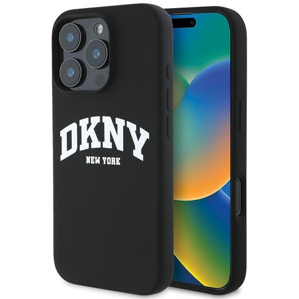 DKNY MagSafe-etui i silikon med hvit trykt logo for iPhone 16 Pro Max - Svart
