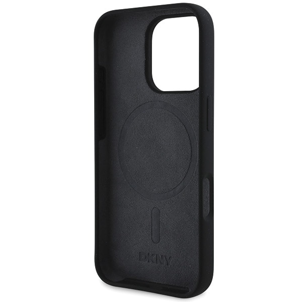 DKNY MagSafe-etui i silikon med hvit trykt logo for iPhone 16 Pro Max - Svart