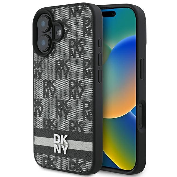DKNY rutete mønster og trykte striper iPhone 16-etui - svart