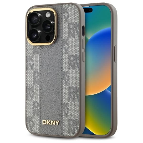 DKNY MagSafe iPhone 14 Pro-etui i skinn med rutete ensfarget mønster - Beige