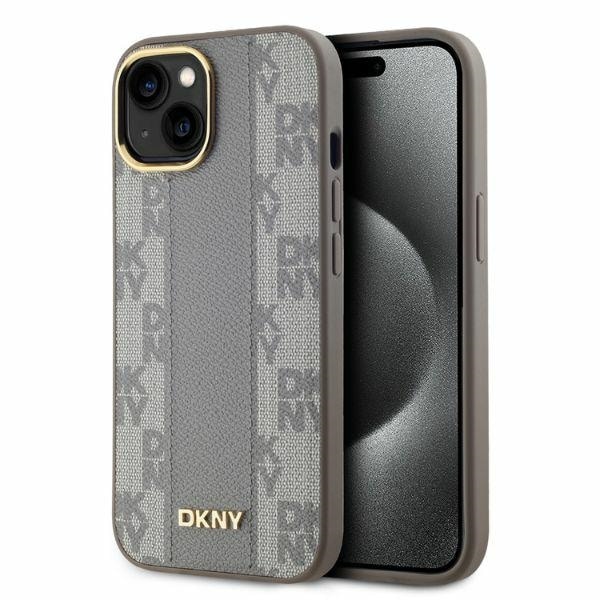 DKNY MagSafe iPhone 14-etui i skinn med rutete ensfarget mønster - Beige