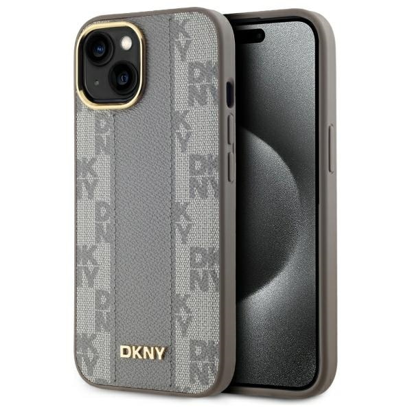 DKNY MagSafe iPhone 15 Plus-etui i skinn med rutete ensfarget mønster - Beige
