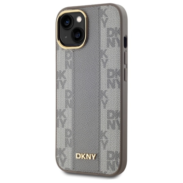 DKNY MagSafe iPhone 15 Plus-etui i skinn med rutete ensfarget mønster - Beige