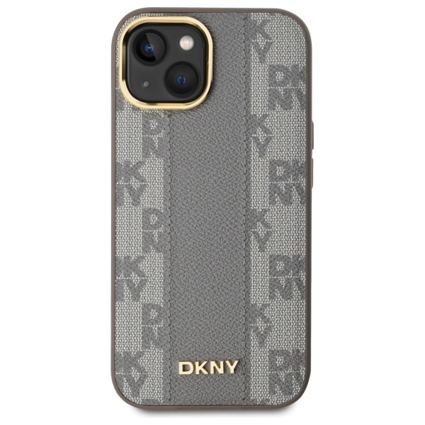 DKNY MagSafe iPhone 15 Plus-etui i skinn med rutete ensfarget mønster - Beige