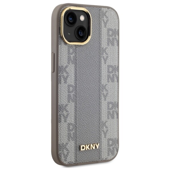 DKNY MagSafe iPhone 15 Plus-etui i skinn med rutete ensfarget mønster - Beige