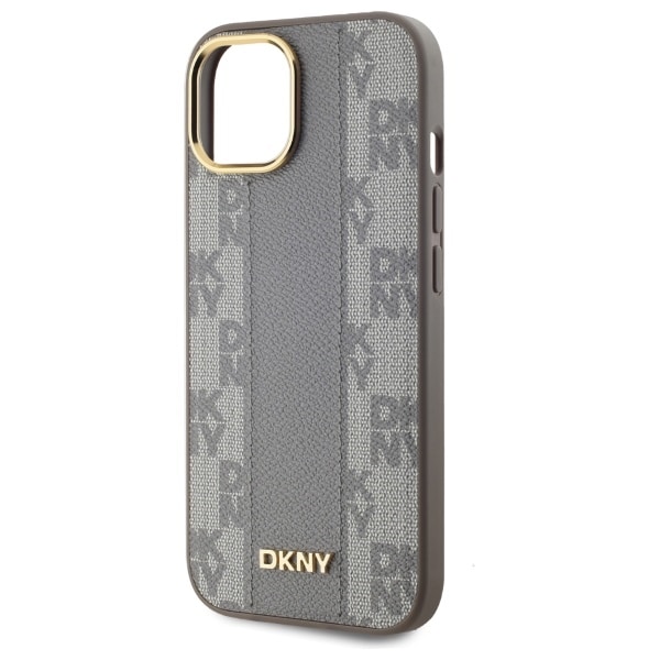 DKNY MagSafe iPhone 15 Plus-etui i skinn med rutete ensfarget mønster - Beige
