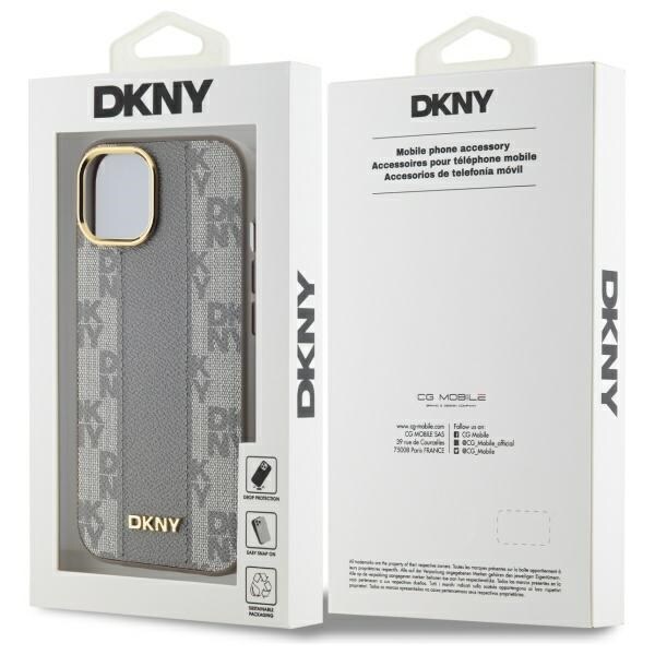 DKNY MagSafe iPhone 15 Plus-etui i skinn med rutete ensfarget mønster - Beige