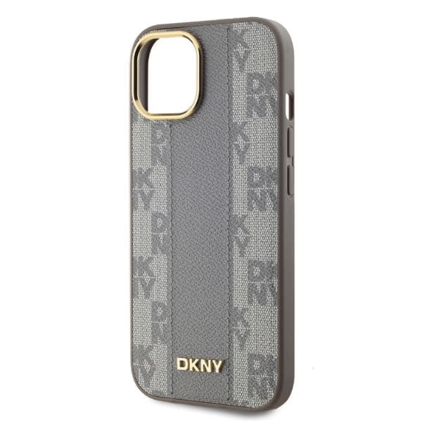 DKNY MagSafe iPhone 15-etui i skinn med rutete ensfarget mønster - Beige