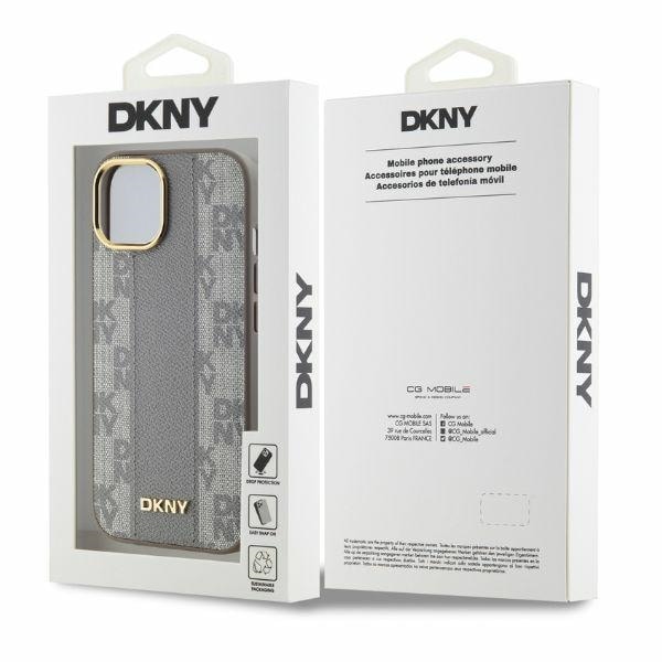 DKNY MagSafe iPhone 15-etui i skinn med rutete ensfarget mønster - Beige