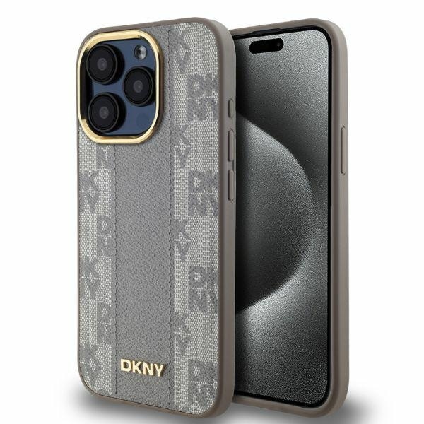 DKNY MagSafe iPhone 15 Pro Max-etui i skinn med rutete ensfarget mønster - Beige