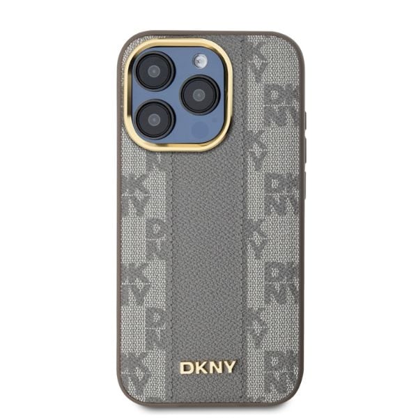 DKNY MagSafe iPhone 15 Pro Max-etui i skinn med rutete ensfarget mønster - Beige