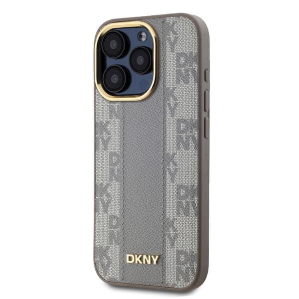 DKNY MagSafe iPhone 15 Pro Max-etui i skinn med rutete ensfarget mønster - Beige